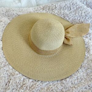 Wide Brim Straw Sun Hat with Bow - Beige